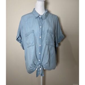Lola River Women's Denim Shirt Tie Front Button Up Light Wash XL